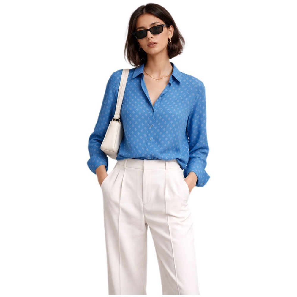 Liz Claiborne Blue Printed Button-Up Blouse